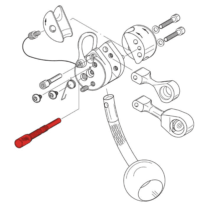Technische Zeichnung eines Explosionsdiagramms mit der LockJack Lagerungsschraube für Klemmbacke in rot hervorgehoben, umgeben von weiteren Bauteilen in Schwarz-Weiß.