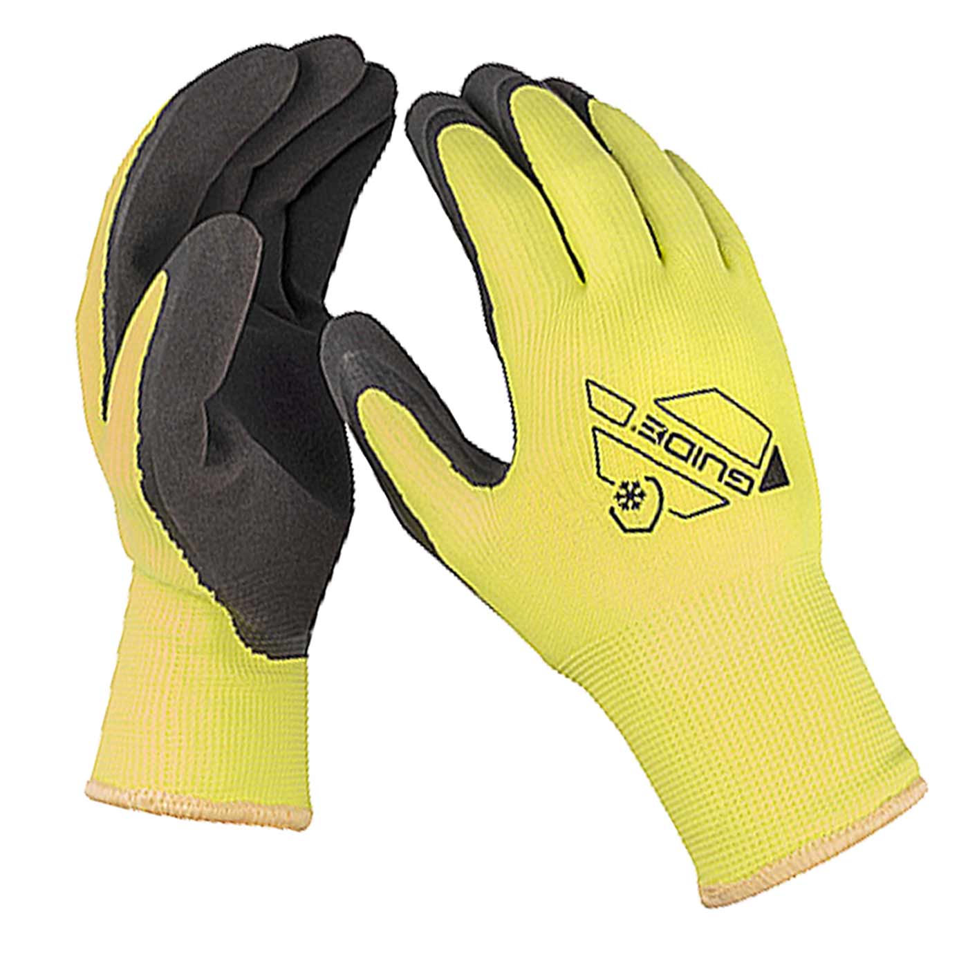 Gelb-schwarze Arbeitshandschuhe mit dem Aufdruck "Guide" auf dem Handrücken, Modell 159 Guide Hi-Vis Winter