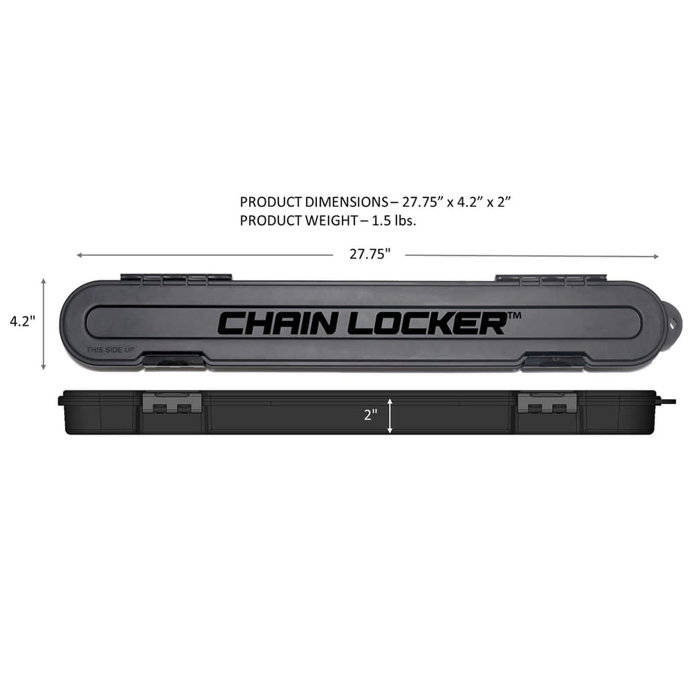Chain Locker schwarze Kunststoffkette Aufbewahrungsbox mit Produktmaßen 27,75 x 4,2 x 2 Zoll geschlossen und seitlich