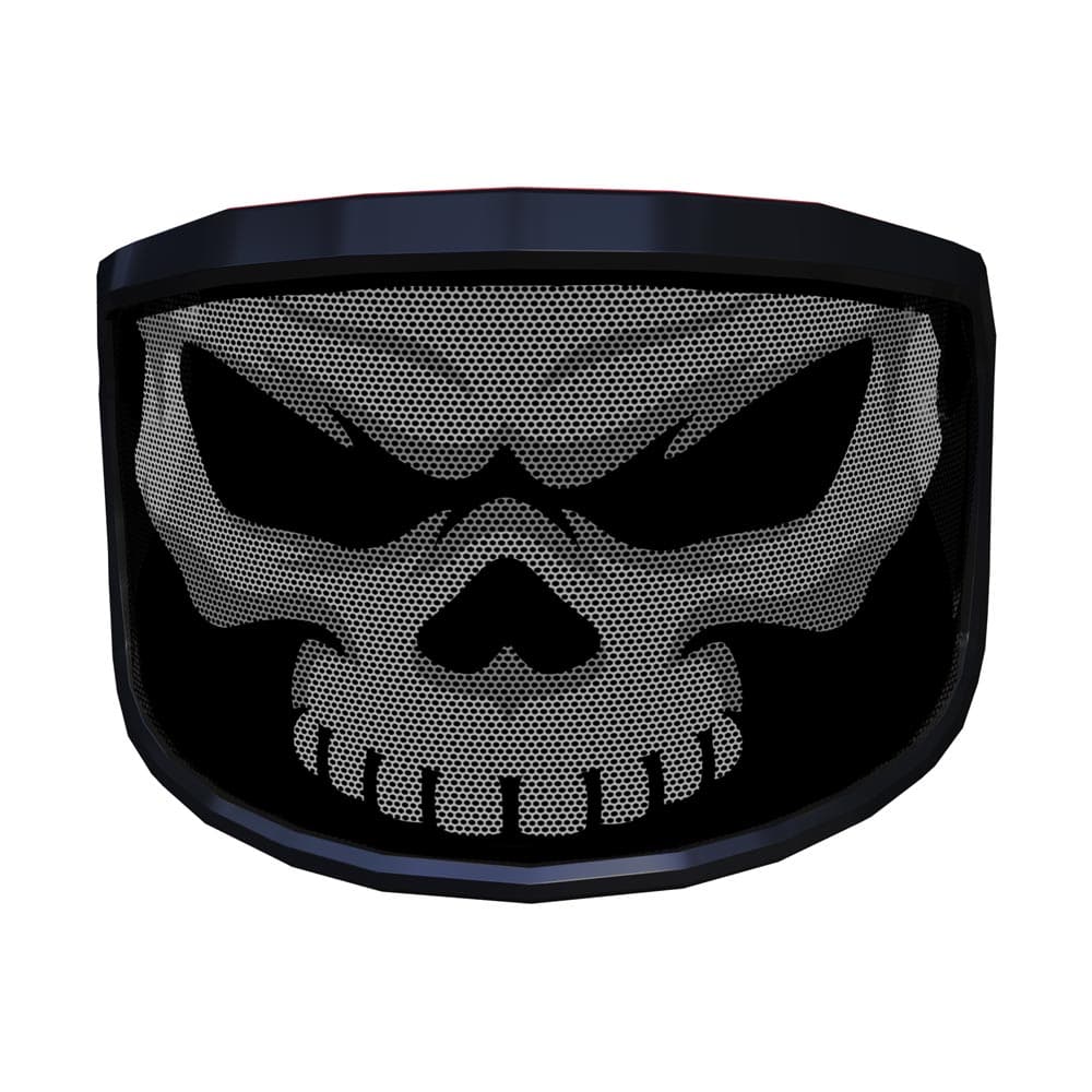 PROTOS® Visier Special Edition mit schwarzem Rahmen und weißem Totenkopf-Motiv auf schwarzem Netzgewebe von vorne, leicht von oben betrachtet
