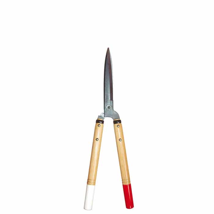 Okatsune Heckenschere 54 mit zwei Holzgriffen, einer rot und einer weiß lackiert, und langen, schmalen Klingen