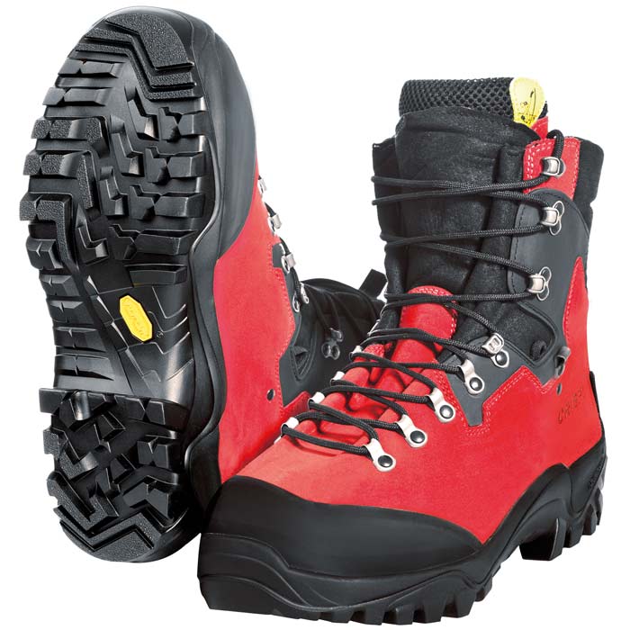 Zermatt GTX Bergstiefel in Rot und Schwarz, mit grober schwarzer Profilsohle und gelbem Logo auf der Sohle