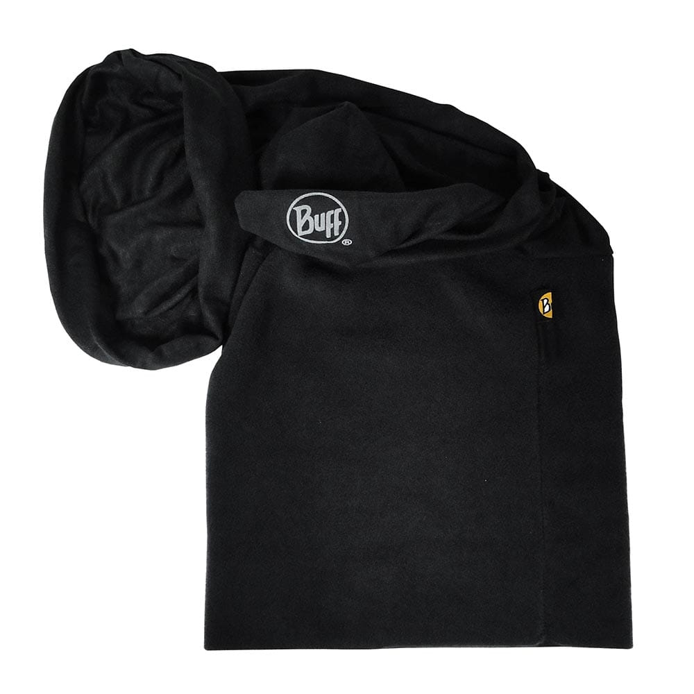 Polar BUFF in schwarz, gefaltetes, weiches Stoffstück mit aufgedrucktem Buff-Logo und kleinem gelben Label
