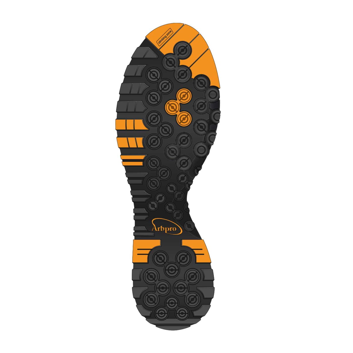 Profilsohle in Schwarz und Orange mit Arbpro-Logo und vielen runden Noppen