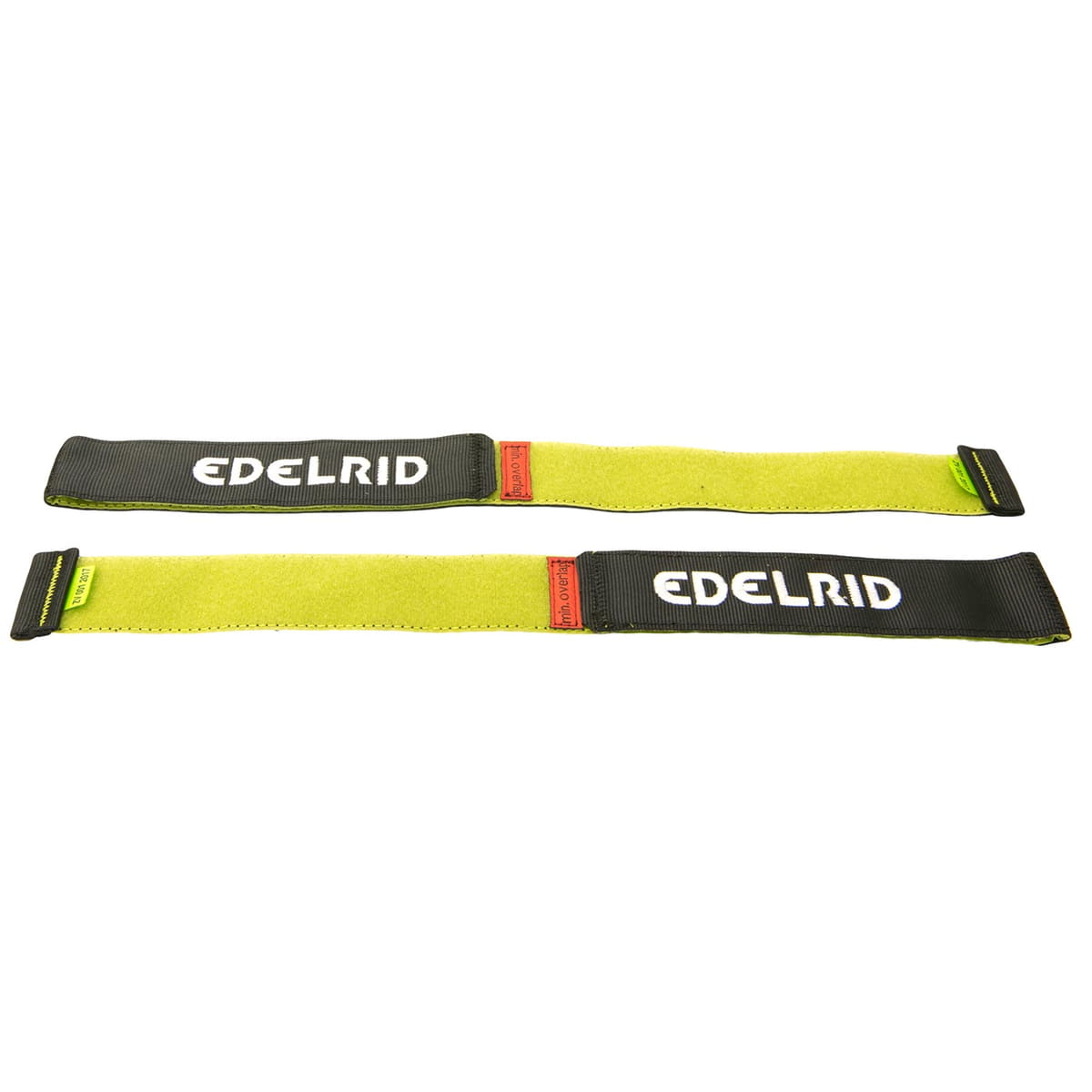 Zwei flache, längliche Bänder in Gelb und Schwarz mit dem weißen Schriftzug "EDELRID" und kleinen roten und grünen Markierungen, Produktname Talon Upper Binding