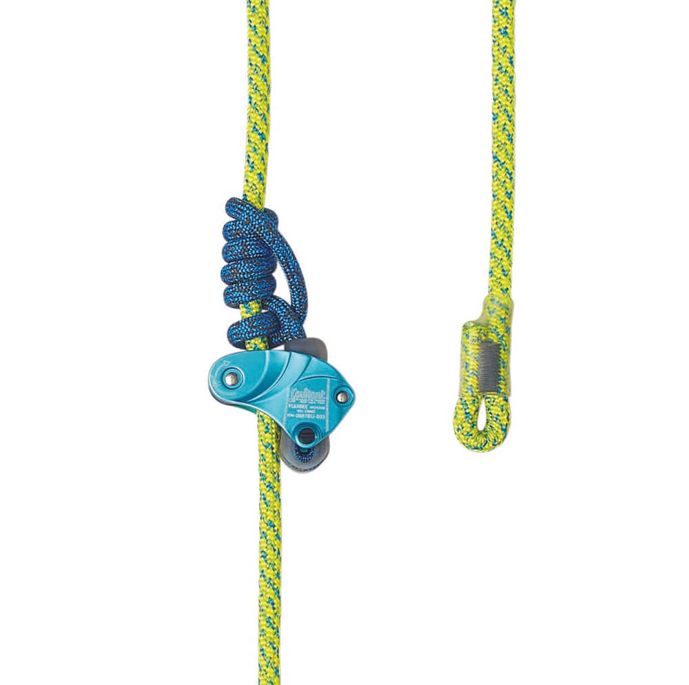Flexbee Nahaufnahme des blauen Sicherungsgeräts mit blau-gelbem Kletterseil