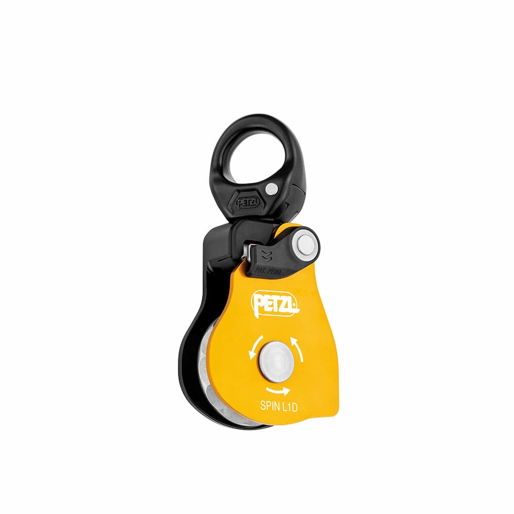 Petzl Spin L1D gelbe und schwarze Seilrolle mit integriertem Wirbel
