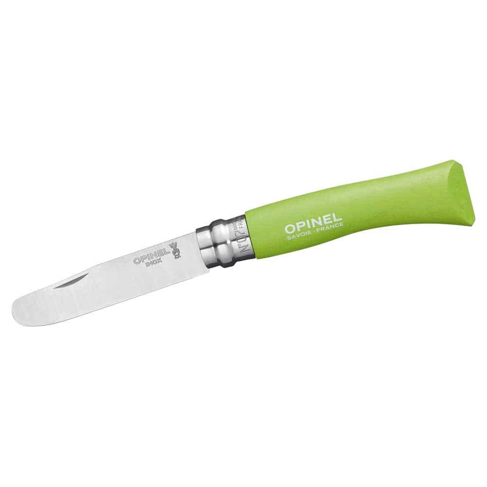 Opinel N°7 Junior grün, Kindermesser mit grünem Griff und Edelstahlklinge, auf der Klinge steht "OPINEL INOX" und "N°7"