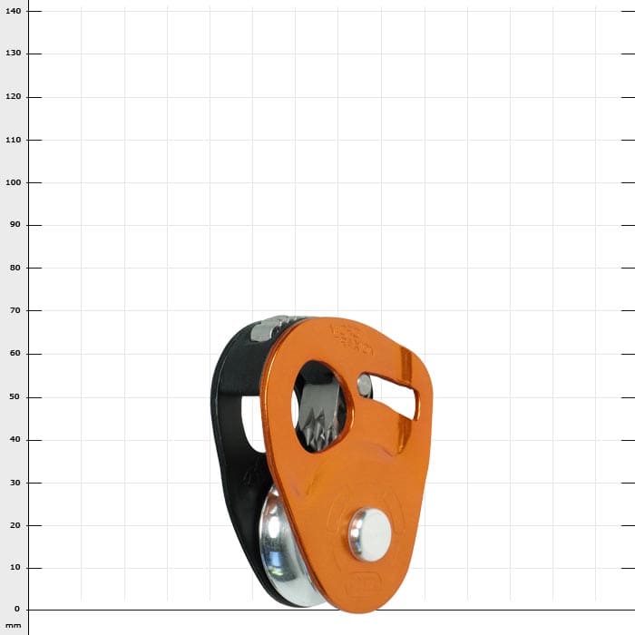 Micro Traxion, orange-schwarze Seilrolle mit Metallrad und Hebelmechanismus