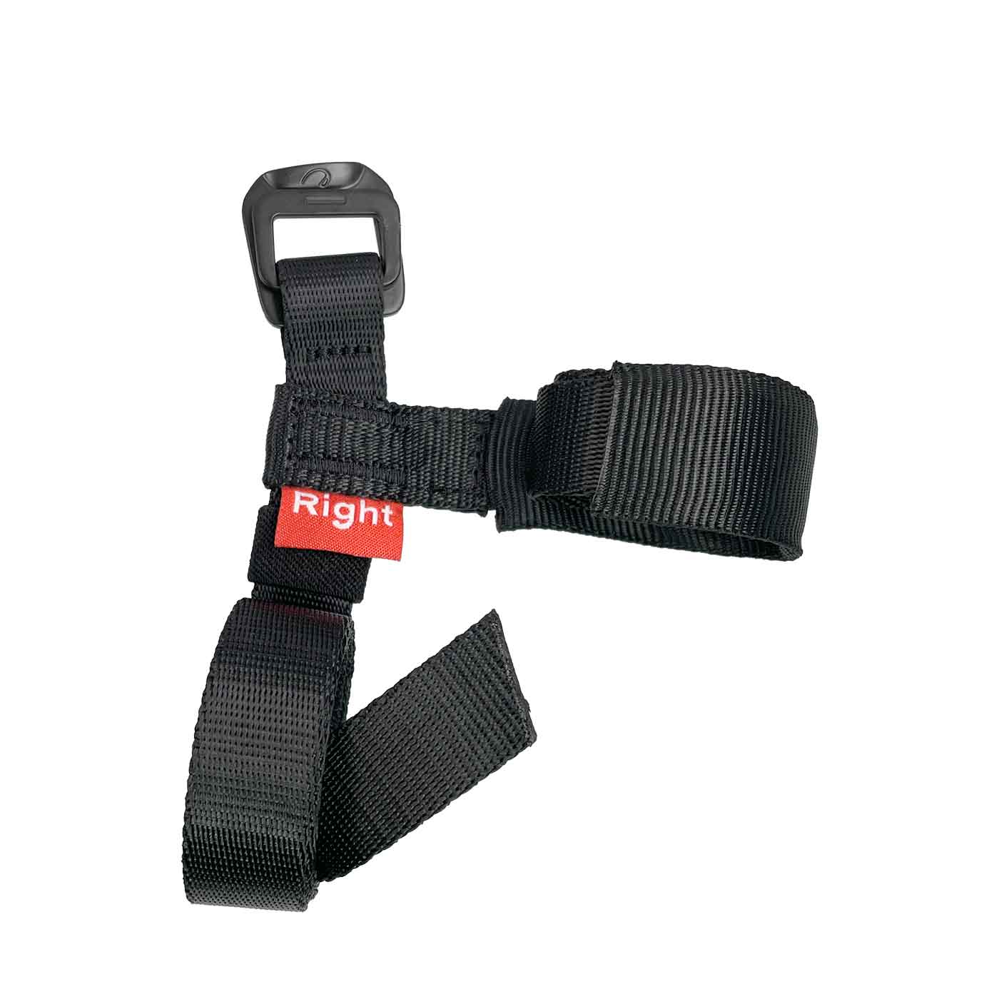 Schwarzer Foot Cruiser Strap Right mit Kunststoffschnalle und rotem Etikett mit der Aufschrift "Right"