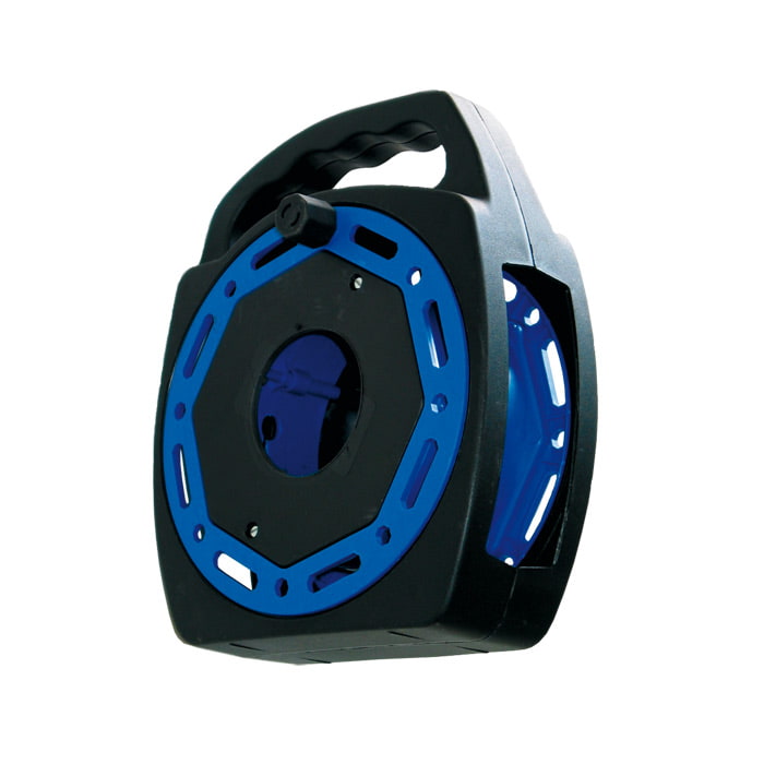 Winder Kabeltrommel mit schwarzem Griff und blauem Trommelkörper, schwarzes Gehäuse