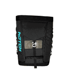 Schwarze Approach Bag mit türkisfarbenem NOTCH-Logo auf der Seite, Frontklappe mit Schnalle und transparentem Warnhinweis