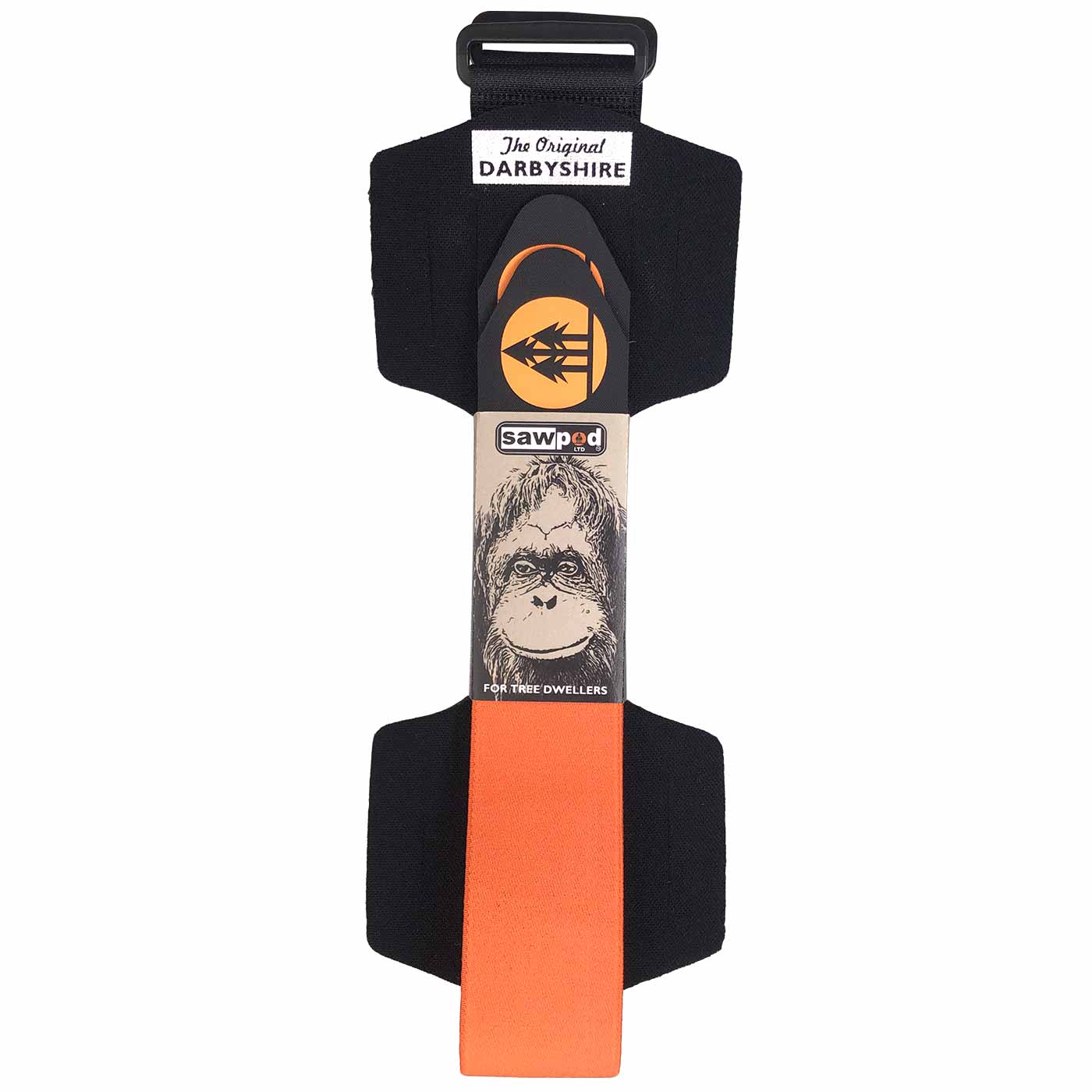 SawPod mit schwarzem Grundkörper, orangefarbenem Klettverschluss, Aufdruck "The Original Darbyshire" und Bild eines Affen, Verpackung mit Aufschrift "sawpod LTD"