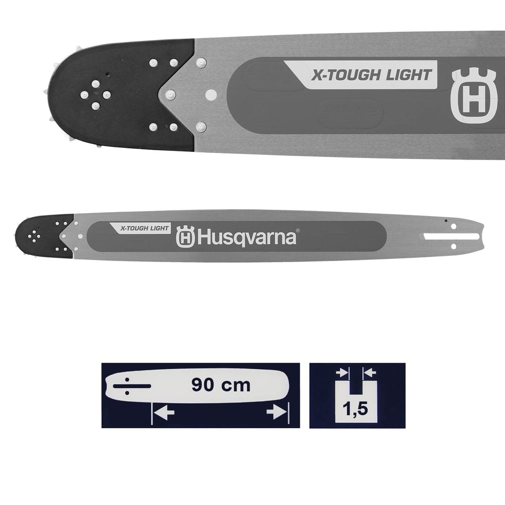 Husqvarna X-Tough Light Schiene 36 / 3/8 in grau mit schwarzer Spitze und silbernen Nieten, Logo und Schriftzug sichtbar