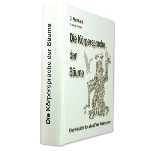 Buch "Die Körpersprache der Bäume" von C. Mattheck mit seitlicher Ansicht des Buchrückens und Vorderseite mit Baumzeichnung auf weißem Hintergrund