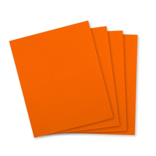 Flickstoff in Orange, vier quadratische Stoffstücke übereinander liegend