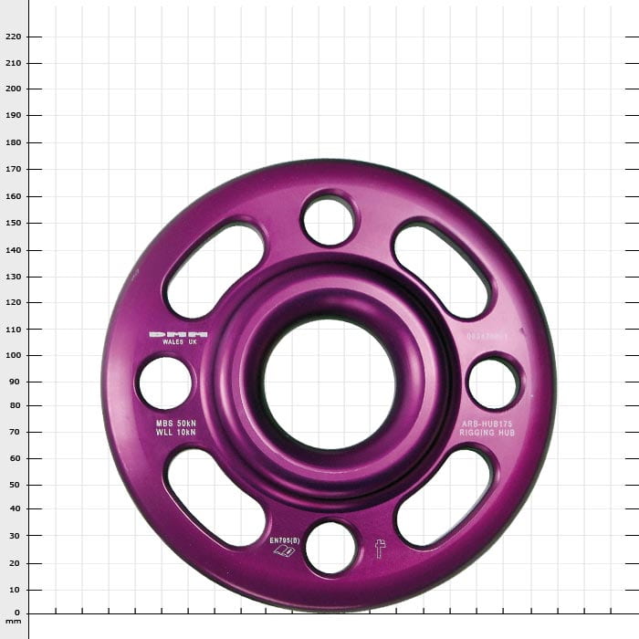 Rigging Hub 175, violette runde Scheibe mit mehreren Löchern und Beschriftungen auf weißem Hintergrund