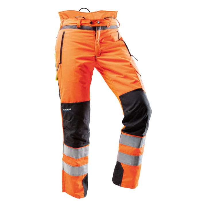 Ventilation Schnittschutzhose EN 20471 in orange mit schwarzen Knieeinsätzen und reflektierenden Streifen an den Beinen