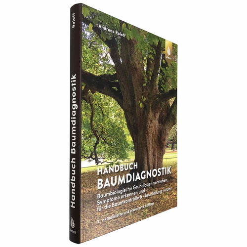 Handbuch Baumdiagnostik von Andreas Roloff, Buchrücken schwarz mit weißer Schrift und dem Ulmer Verlagssignet unten, Cover zeigt einen großen Baum mit grünen Blättern und braunem Stamm