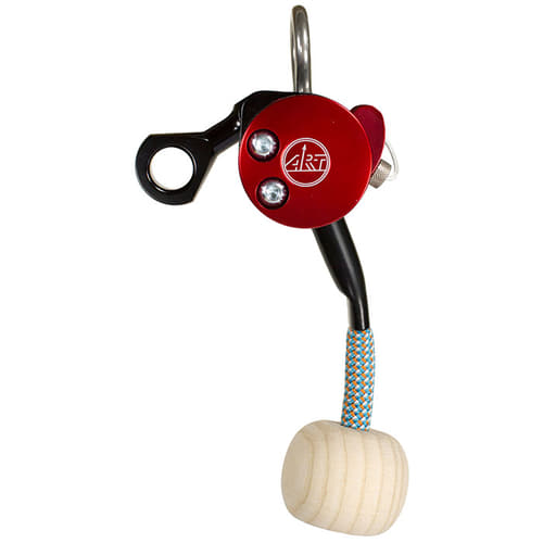 LockJack 2 Basic von ART, roter runder Metallkörper mit zwei Schrauben, schwarzem Hebel, blau-orange-weißem Seil und rundem Holzgriff