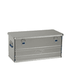 Alubox Comfort 92, geschlossene silberne Aluminiumbox mit blauen Griffen und Verschlüssen, Hersteller ALUTEC