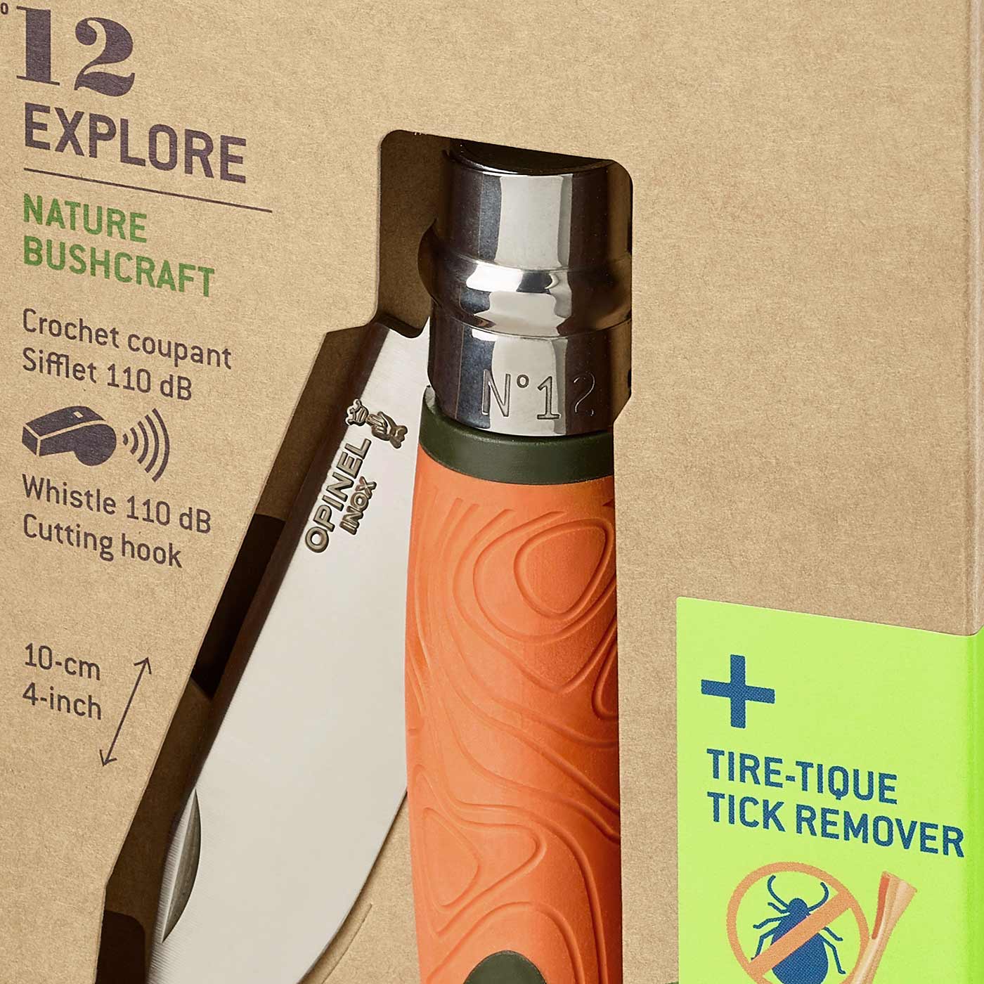 Nahaufnahme des Opinel N°12 Explore Messers in Verpackung, Griff orange mit Muster, Klinge mit Aufdruck Opinel Inox, Hersteller Opinel