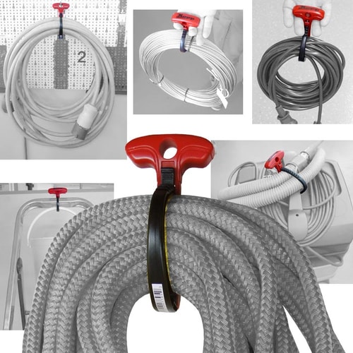 Verschiedene Anwendungen des Cable Wraptor S, der rote Griff hält aufgerollte Kabel und Schläuche in unterschiedlichen Größen