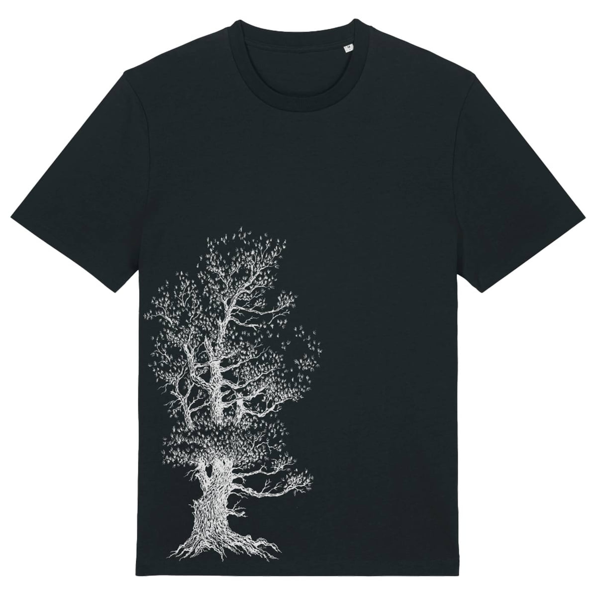 Stone Pine Tree T-Shirt in schwarz mit weißem Baum-Design auf der Vorderseite