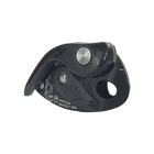 Grigri Klettergerät von Petzl in schwarzem Kunststoff mit technischen Angaben und Zertifizierungen auf der Rückseite