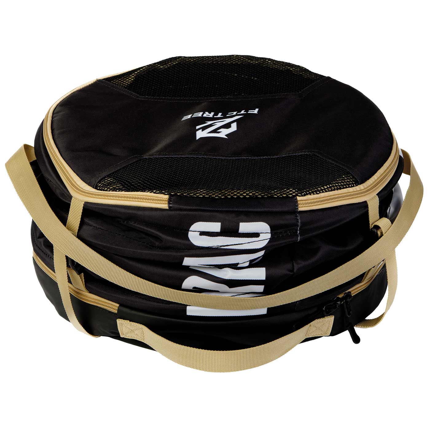 Matriosac 3 Tasche in Schwarz mit beigen Tragegriffen, liegend, mit Netz und weißem FTC TREE Logo