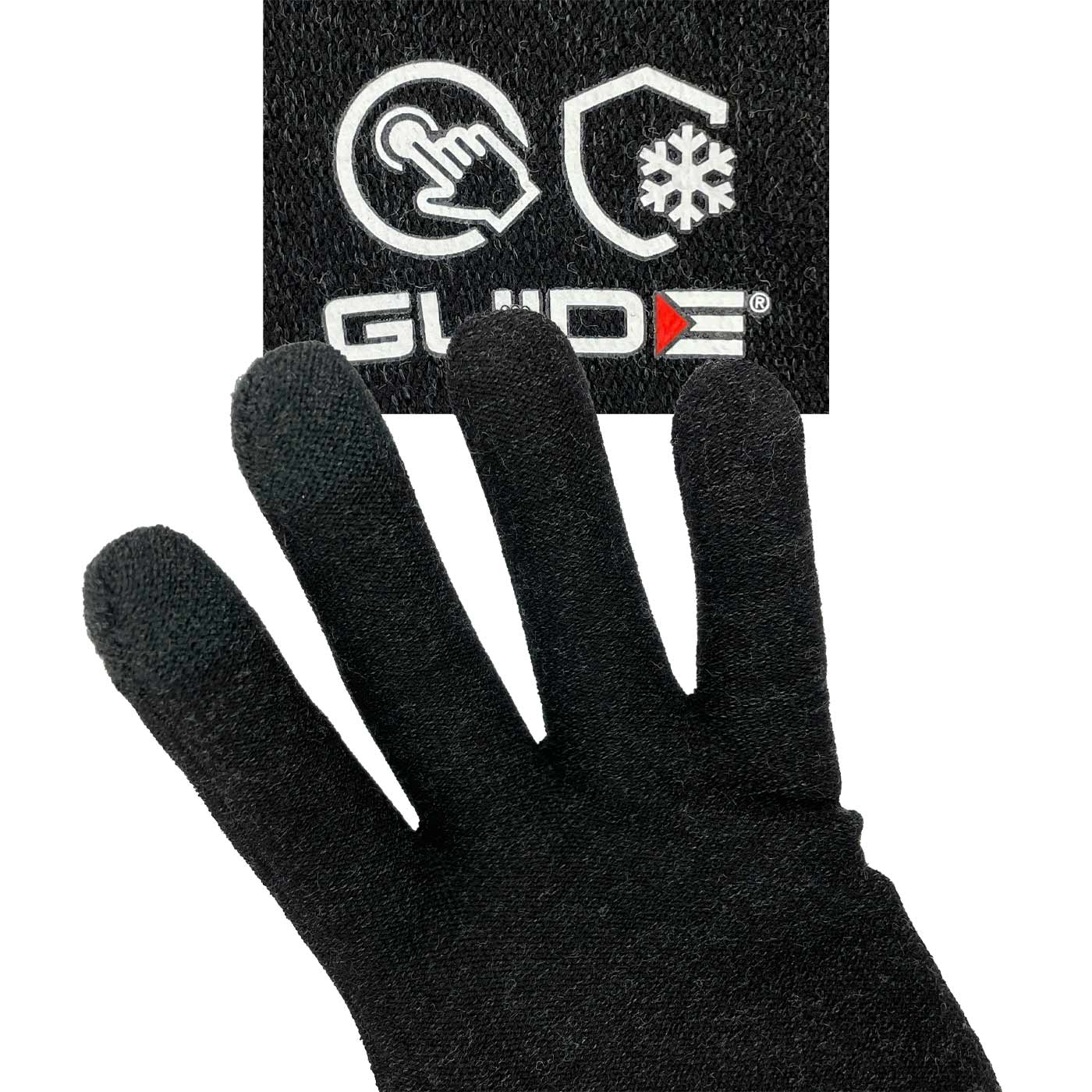 Guide 5501 schwarze Handschuhe mit Guide-Logo und Symbolen, Nahaufnahme der Handfläche und Finger