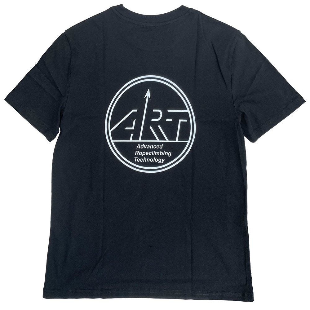Schwarzes ART Snake Shirt mit weißem ART-Logo und Schriftzug "Advanced Ropeclimbing Technology" auf der Rückseite