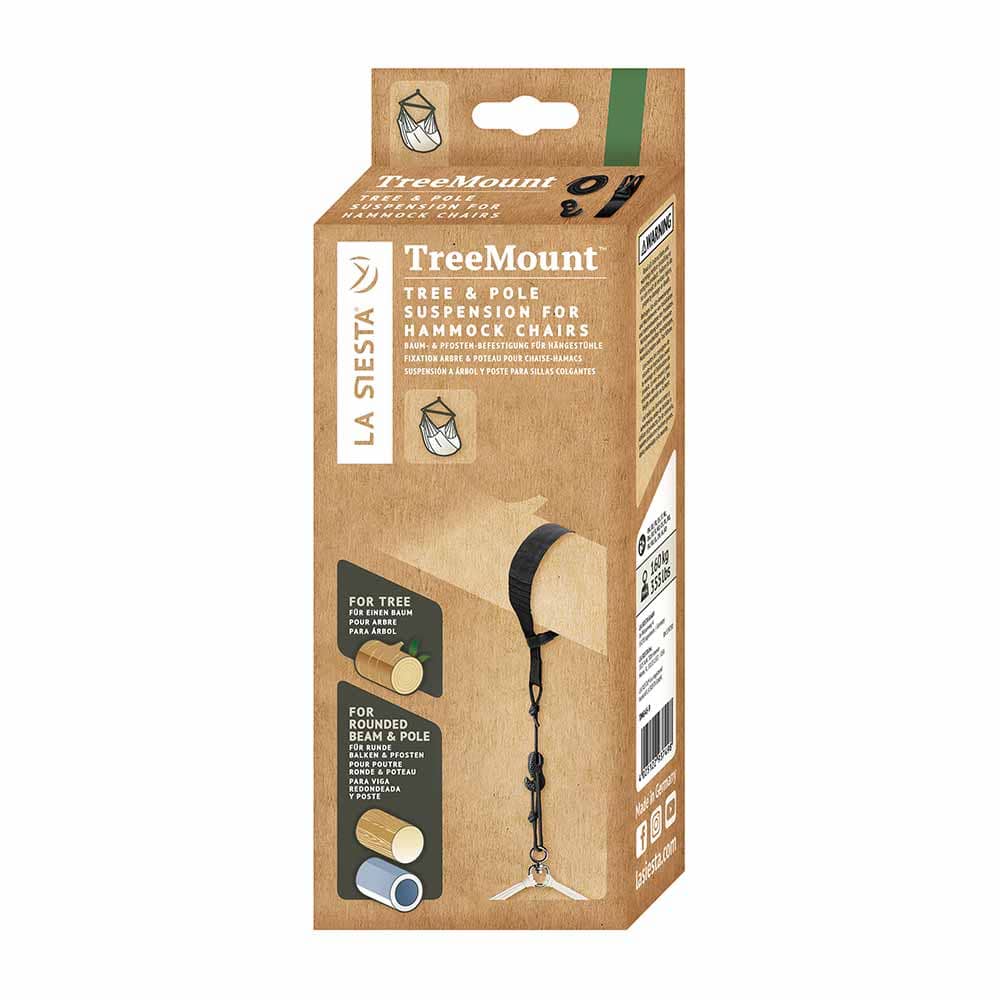 Verpackung des TreeMount Seat von La Siesta mit braunem Design und Bild eines schwarzen Gurts mit Haken