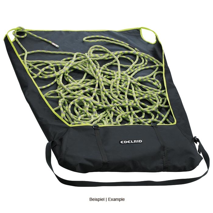 Edelrid Liner schwarze Tasche mit gelbgrünen Akzenten geöffnet, darin liegt ein gelbgrünes Kletterseil, die Tasche hat zwei Tragegriffe und einen Tragegurt
