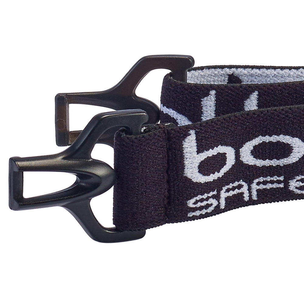 Nahaufnahme des schwarzen Verschlusses und des schwarzen Gummibands mit weißer Aufschrift "bollé SAFETY" des Baxter Ersatzteil-Kits