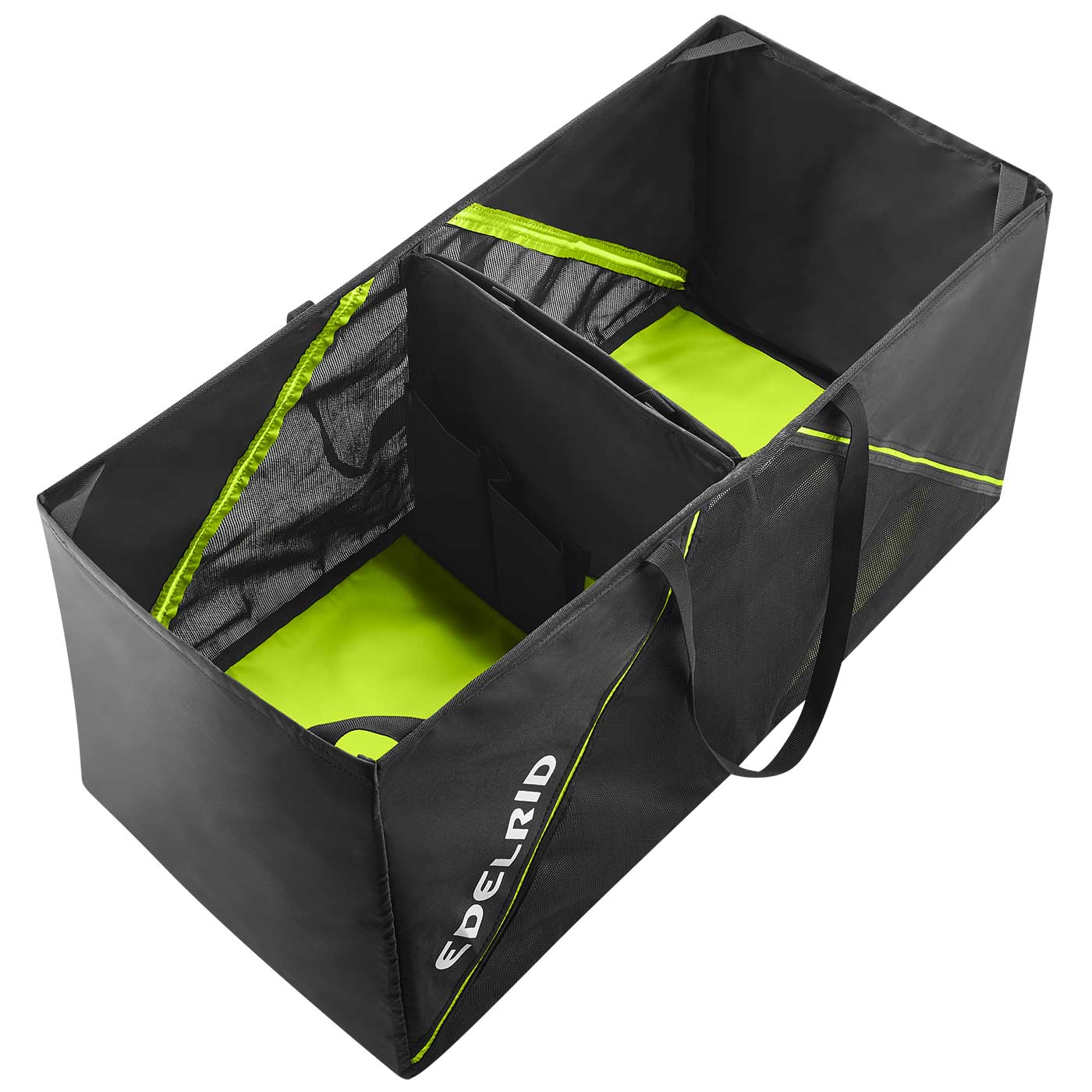 Schwarze und grüne Tasche mit Tragegriffen und dem Schriftzug Edelrid, Modell Houston