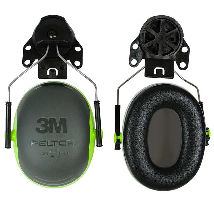 Gehörschutz X4 Plug von 3M Peltor in Grau und Grün, mit schwarzem Bügel und Polsterungen, Ansicht von vorne mit sichtbarem 3M-Logo und Ansicht von hinten mit schwarzem Innenpolsterung