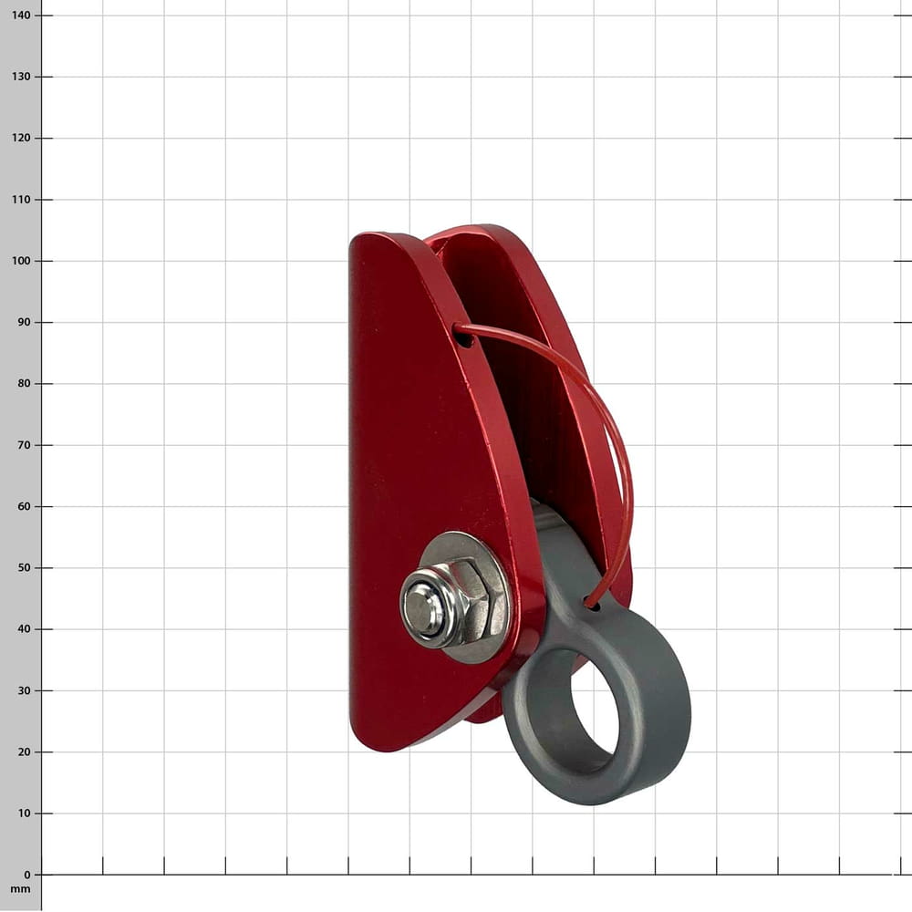 Mini Ropegrab, rotes Seilgerät mit grauem Ring und Metallverschluss, seitliche schräge Ansicht
