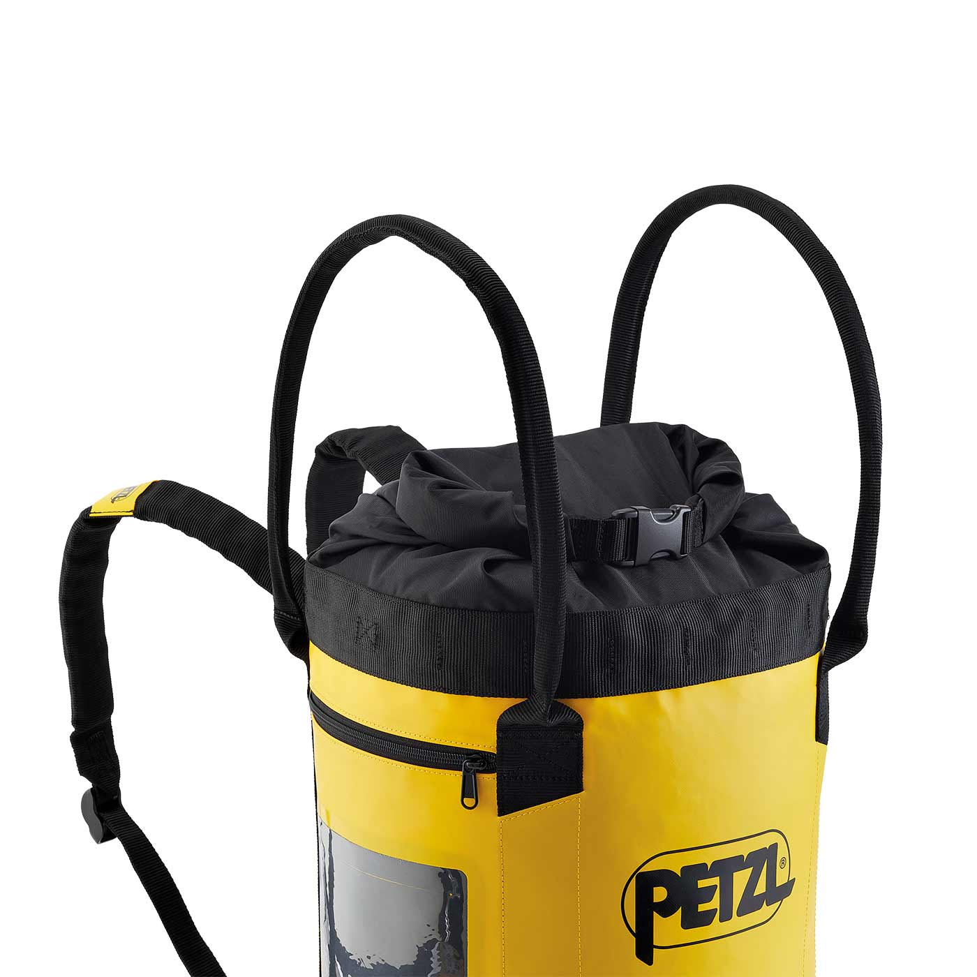 Gelber und schwarzer PETZL Bucket 30 Behälter mit Tragegurten und Reißverschlusstasche, seitliche Ansicht