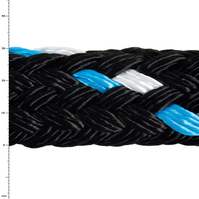 GEFA 10 t PA blau, Nahaufnahme eines geflochtenen schwarzen Seils mit blauen und weißen Fäden
