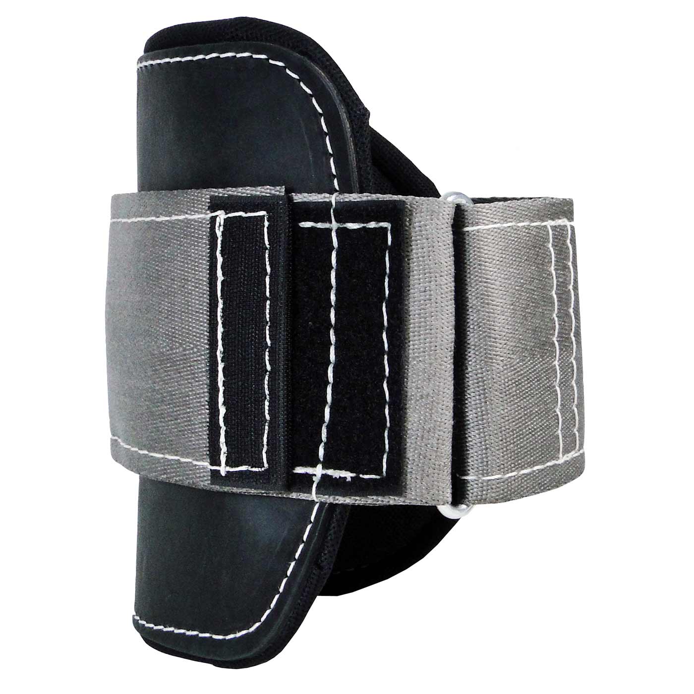 Big Buck Wrap Pads Steel, Steigeisenpolster, graue und schwarze Polster mit Klettverschluss und weißen Nähten, von vorne fotografiert