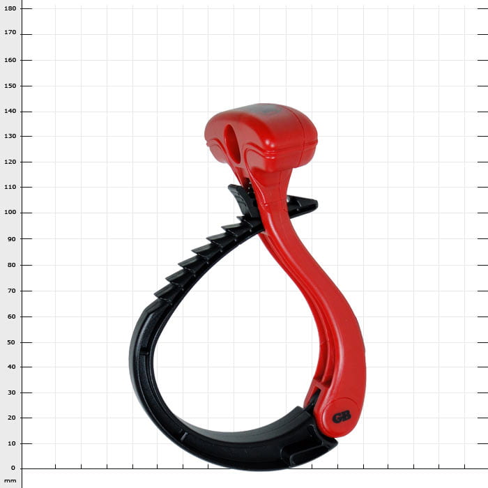 Cable Wraptor L, roter und schwarzer Kunststoff-Halter mit ergonomischem T-Griff und Rastnasen