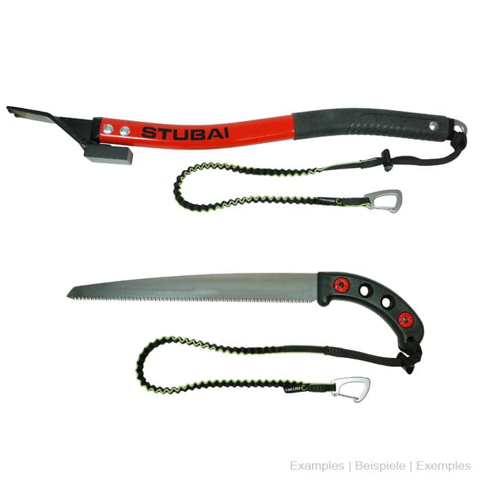 Tool Safety Leash von Edelrid, elastische Sicherheitsleinen befestigt an einem roten Werkzeug mit schwarzem Griff und an einer Säge mit schwarzem Griff