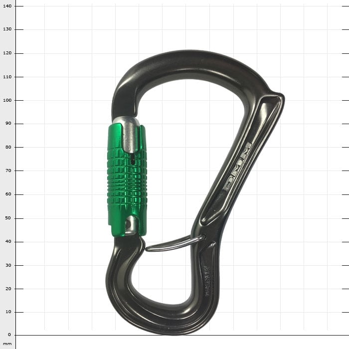 Ceros Locksafe Karabiner mit grünem Schraubverschluss und schwarzem Metallkörper, geschlossen