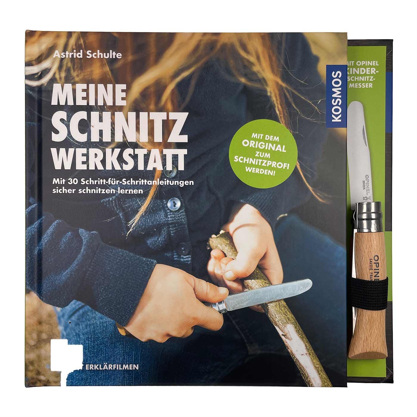 Kosmos Meine Schnitzwerkstatt von Astrid Schulte, Buch mit Titel "Meine Schnitzwerkstatt" und einem Messer mit Holzgriff auf der rechten Seite