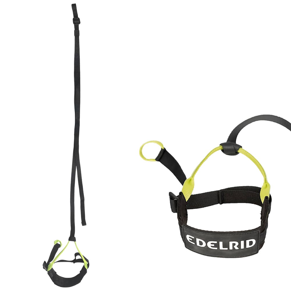 Prostep II von Edelrid, ein schwarzes und gelbes Klettersteigset mit Gurt und Schlaufen, hängend dargestellt
