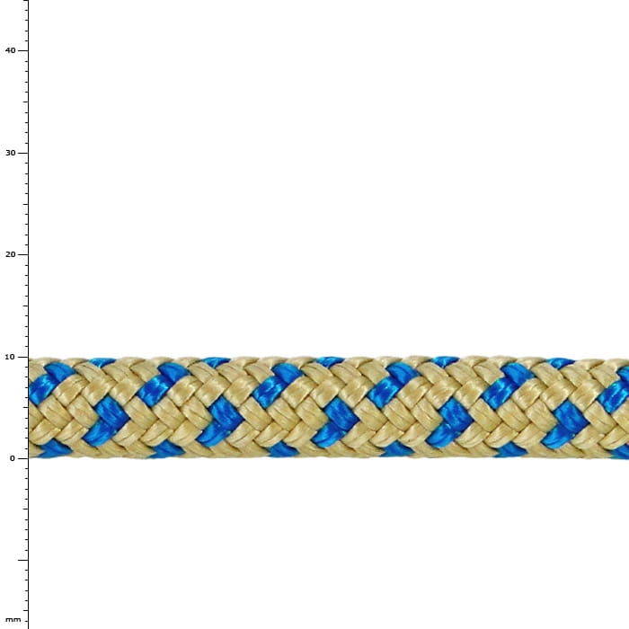 Bee-Line Sling 10, Nahaufnahme des beige-blauen geflochtenen Seils mit Muster und Maßskala im Hintergrund