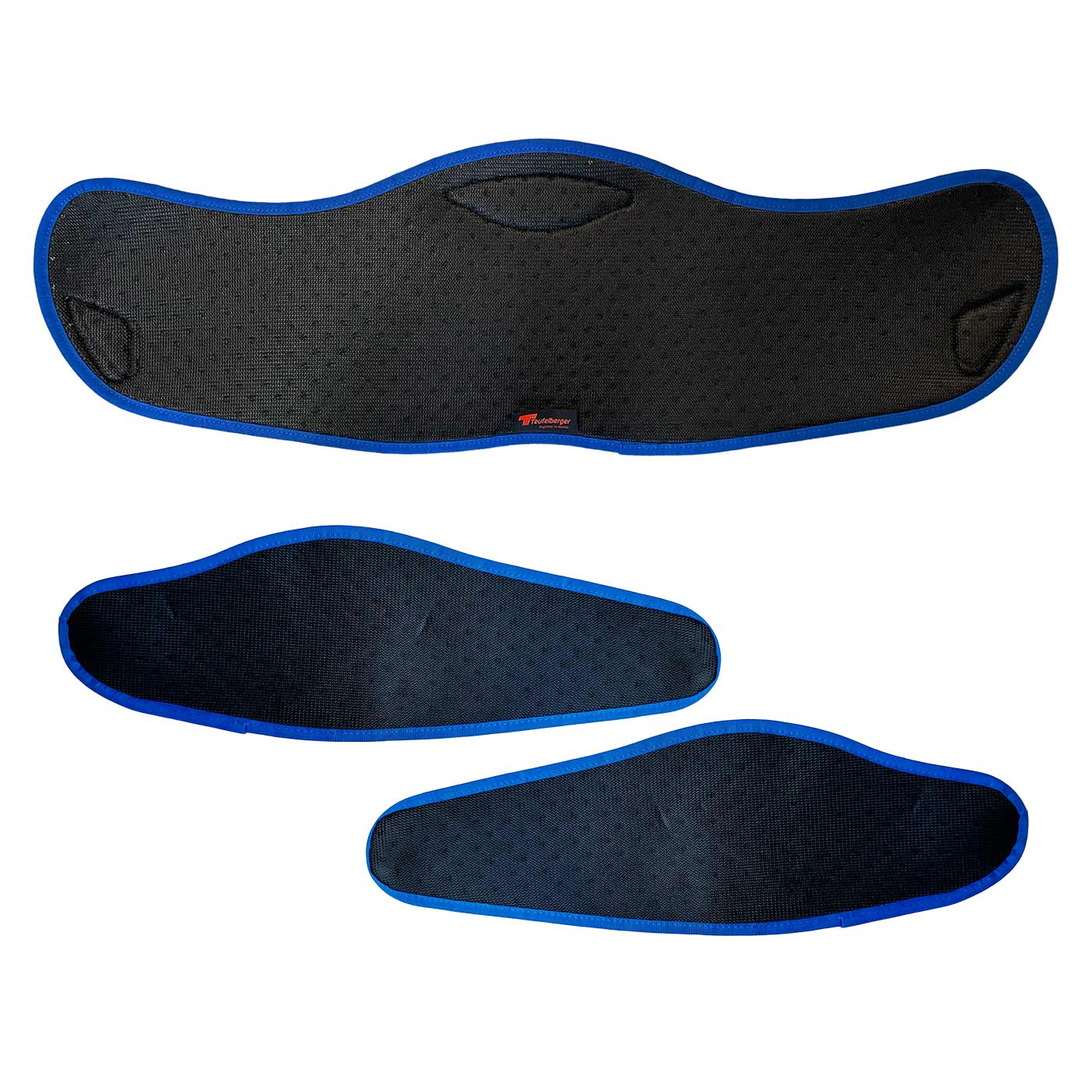 treeMOTION Breatheable Pad Set von Treeleberger, drei schwarze Polster mit blauer Umrandung, eines groß und zwei kleiner