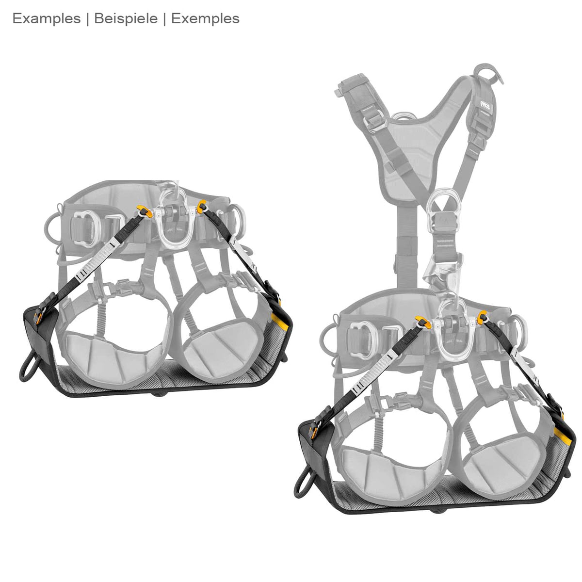 Podium von Petzl, zwei graue gepolsterte Sitze mit schwarzen und gelben Gurten, montiert an einem grauen Klettergurt