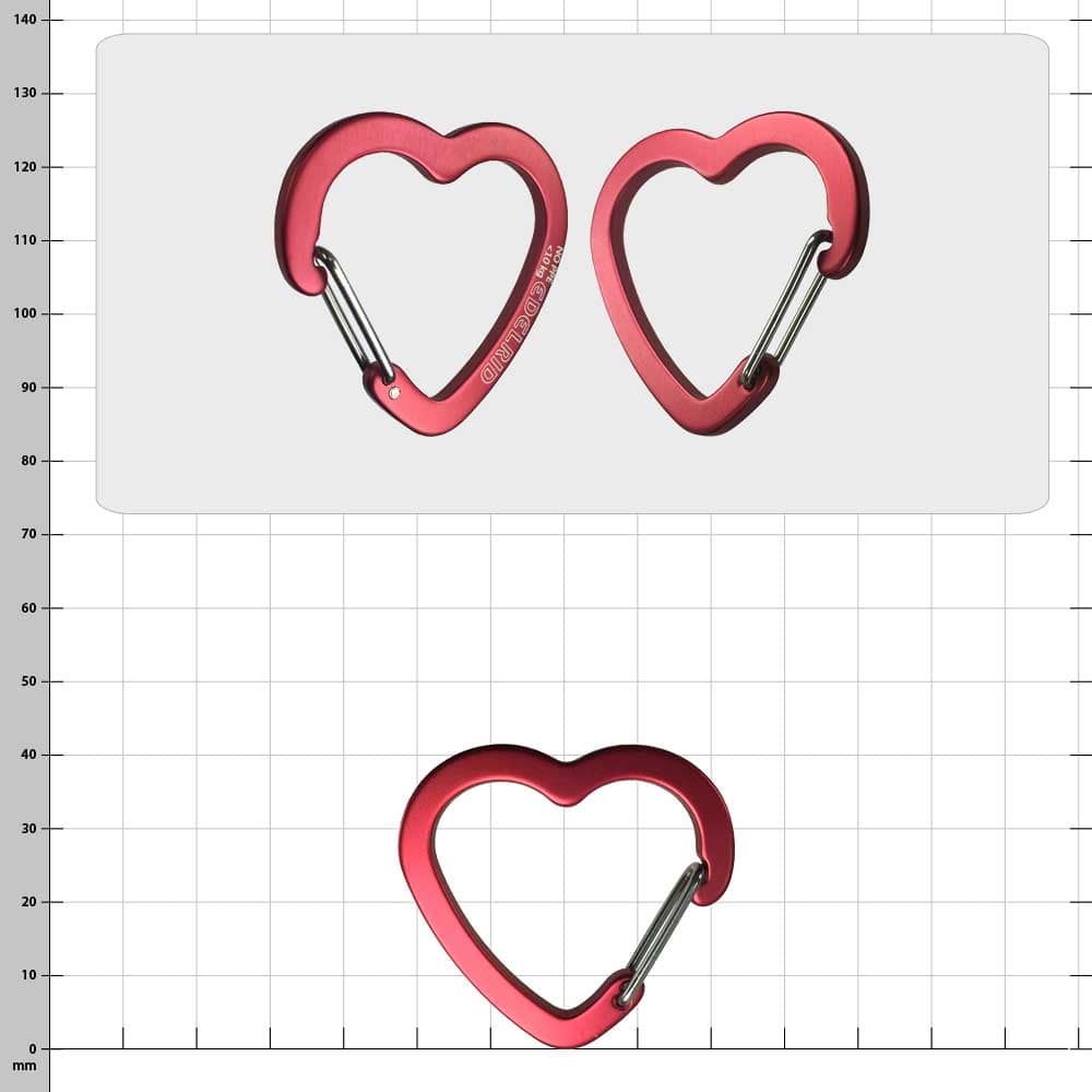 Corazon roter Karabiner in Herzform, Hersteller Edgelird, zwei Stück nebeneinander liegend, einer von vorne, einer von hinten sichtbar